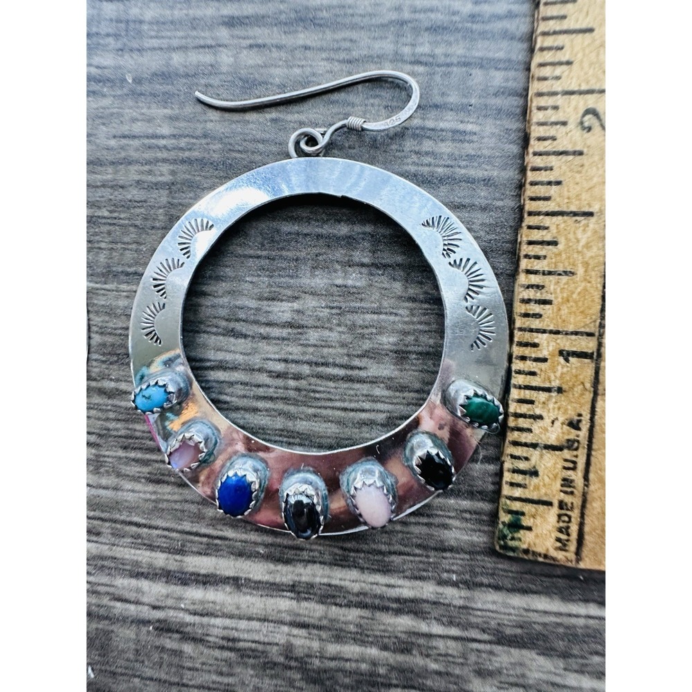 Navajo Sterling Silver Multi Stone Large Hoop Earrings Signed AJ - Picture 9 of 16